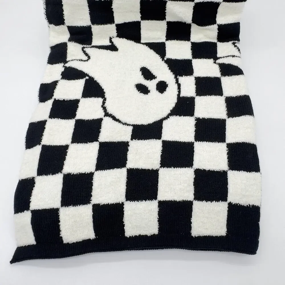 Spooky Night Checkerboard Ghost Throw Blanket Halloween Black Off White NEW